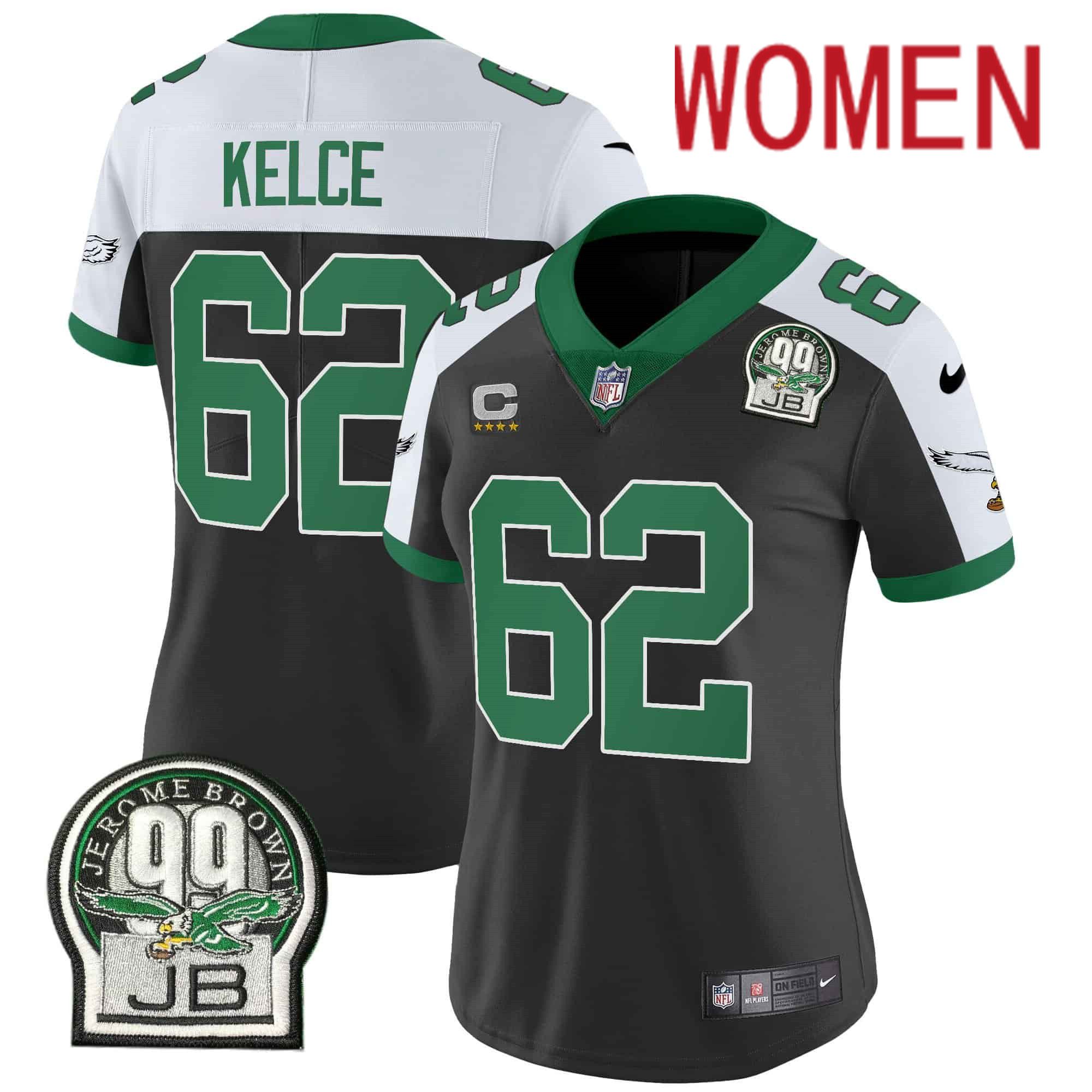 Women Philadelphia Eagles 62 Kelce Black 2024 Nike Jerome Brown Patch Alternate Limited NFL Jersey